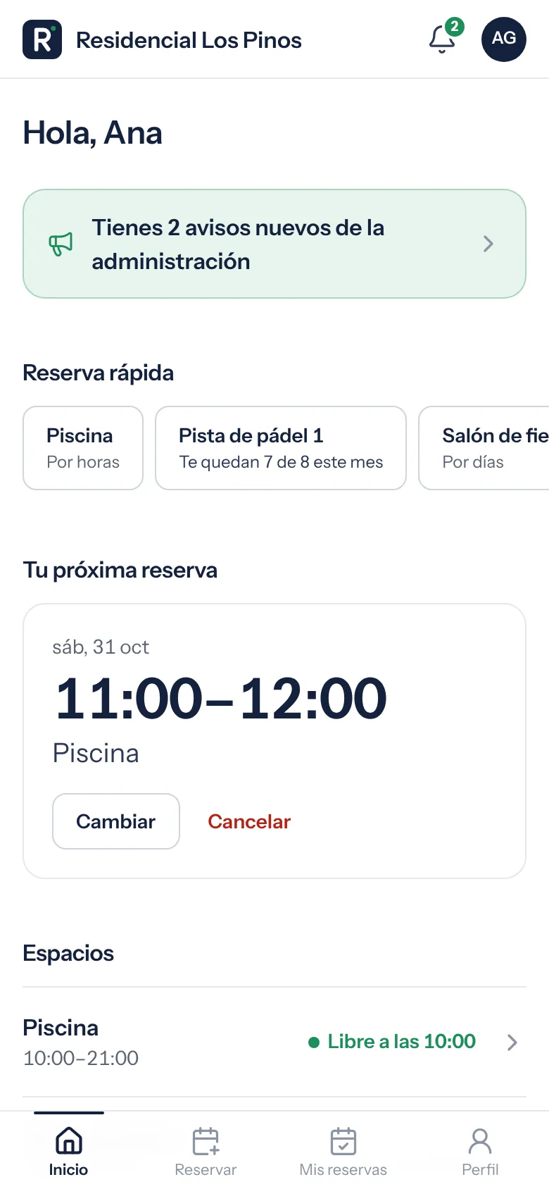 Inicio de un vecino con la reserva rápida de cada espacio y las reservas que le quedan