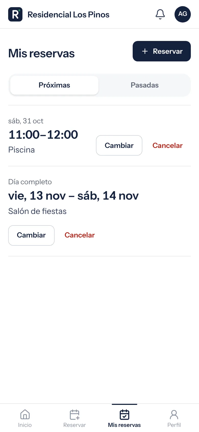 Mis reservas de un vecino: el salón de fiestas reservado del viernes 13 al sábado 14 de noviembre, con los botones Cambiar y Cancelar