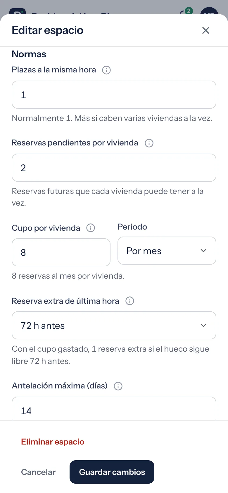 Pantalla de normas de un espacio: plazas, reservas pendientes, cupo por vivienda, reserva extra de última hora y antelación