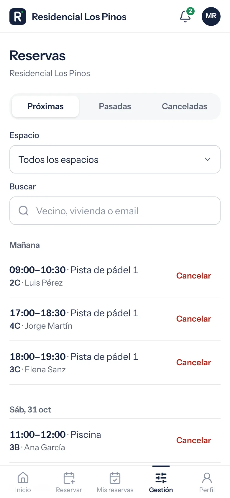 Lista de reservas de la comunidad para la administración, con la hora, el espacio, la vivienda y el botón Cancelar