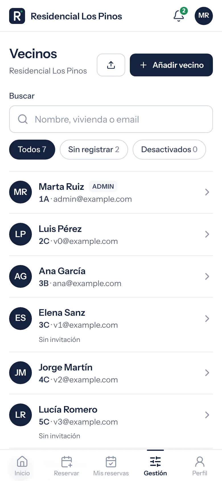 Lista de vecinos de la comunidad con su vivienda y email, buscador y botón Añadir vecino